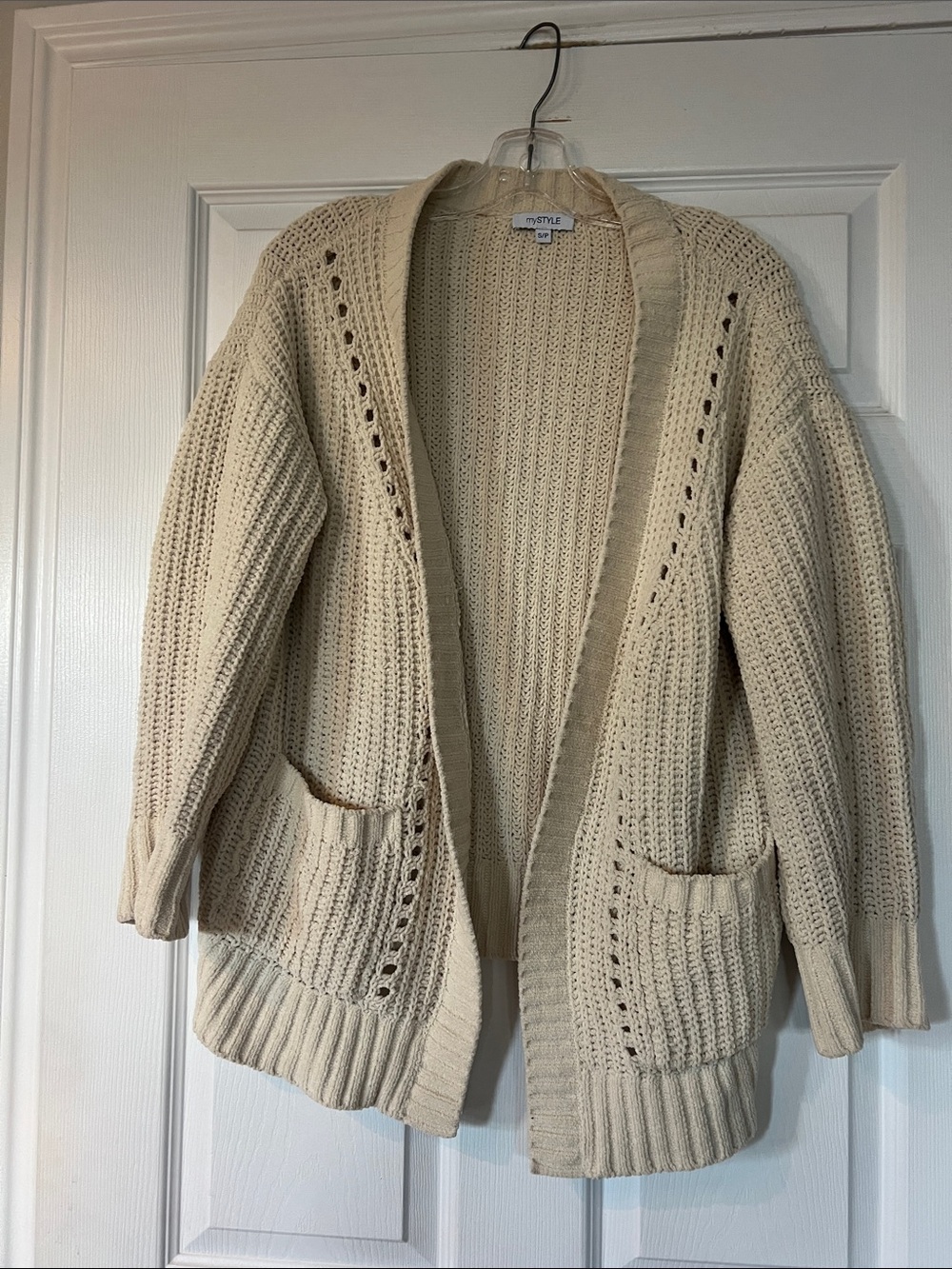 Mystyle Cream Open-Front Chunky Knit Cardigan with Pockets